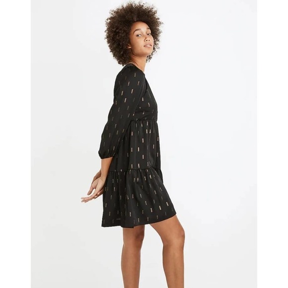 Madewell Black & Gold Metallic Jacquard Faux Wrap Tiered Mini Dress XL NWT - Picture 3 of 16